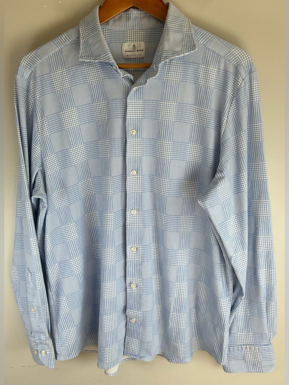 Emanuel Berg Mens Button Down Shirt XL Blue Modern Fit Stretch Houndstooth Plaid